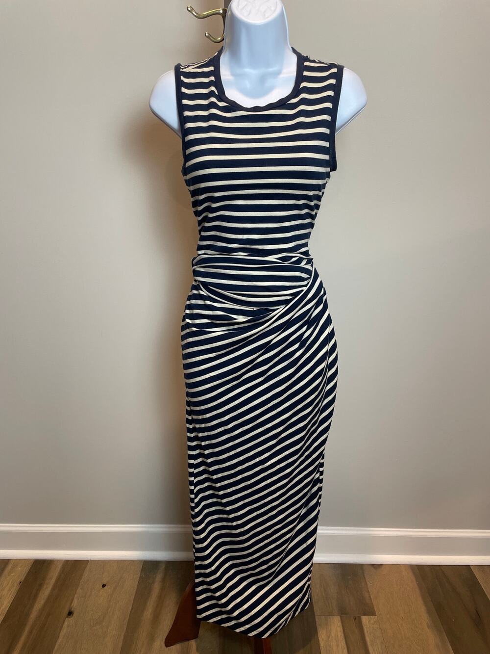 THML Navy & Cream Striped Cotton Jersey Bodycon Maxi Dress S with Ruched Waist